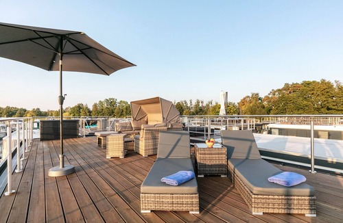 Oberhavel Boat Rental | Houseboat Joana with large sun terrace in Zehdenik