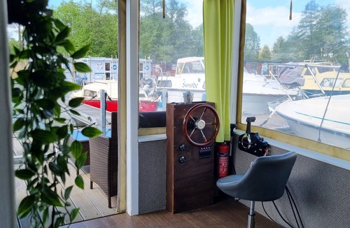 Priepert Boat Rental | Raft 'Priepert 2' on the Mecklenburg Lake District with Covered Terrace