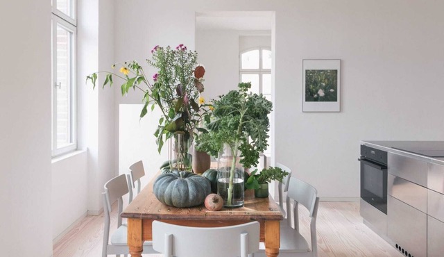HOCHPARTERRE WEST: wood-burning stove, west-facing balcony and kitchen island